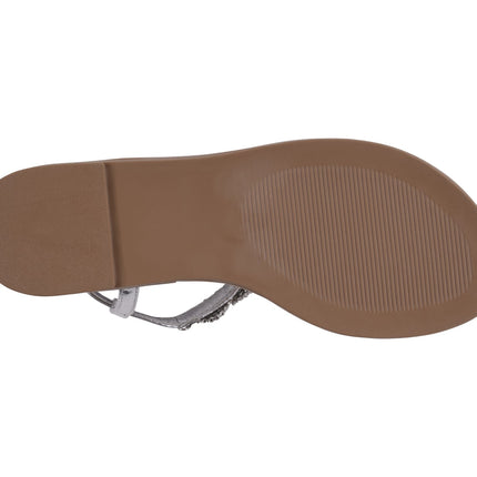 Cali Silver Jeweled T-Strap Slingback Flat Sandals