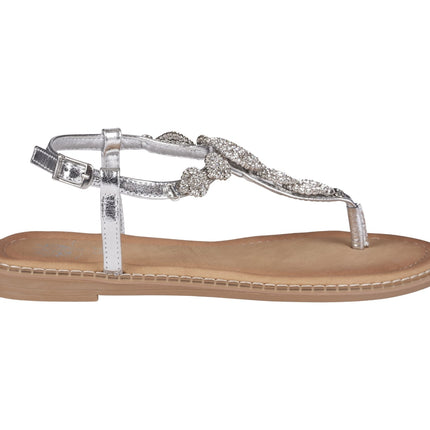 Cali Silver Jeweled T-Strap Slingback Flat Sandals