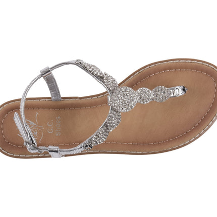 Cali Silver Jeweled T-Strap Slingback Flat Sandals