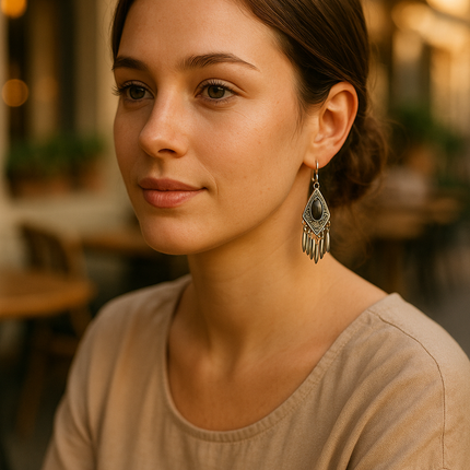 Black Cat's Eye Stone Boho Dangle Earrings