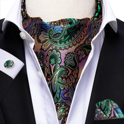 Colorful Silk Ascot/Cravat Tie, Handkerchief & Cufflinks Set
