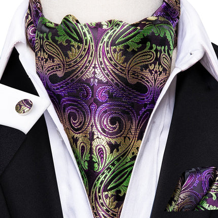 Colorful Silk Ascot/Cravat Tie, Handkerchief & Cufflinks Set