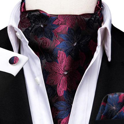 Colorful Silk Ascot/Cravat Tie, Handkerchief & Cufflinks Set