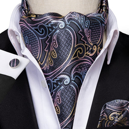 Colorful Silk Ascot/Cravat Tie, Handkerchief & Cufflinks Set