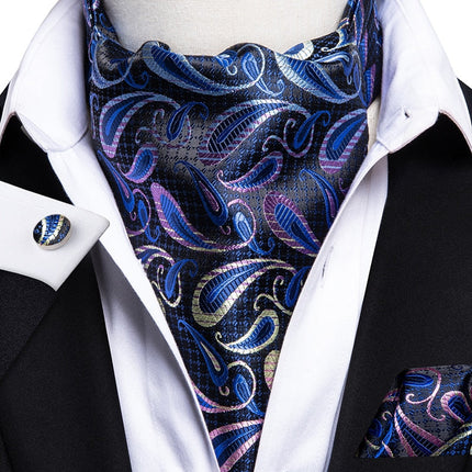 Colorful Silk Ascot/Cravat Tie, Handkerchief & Cufflinks Set