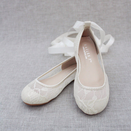 Ivory New Lace Flats with Ballerina Lace Up