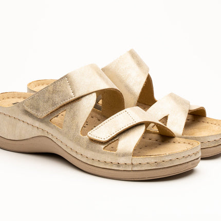 Laura by LEON– Women’s Leather Sandal- Comfort Slide Slip-on with Velcro Straps