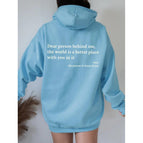 Sky blue with logo and white text / S