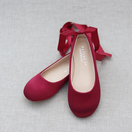 Satin Ballet Flats with Ankle Tie or Ballerina Lace Up