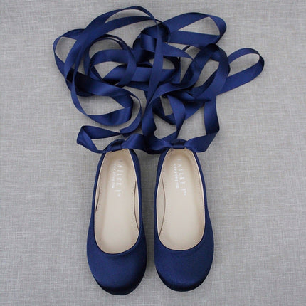 Satin Ballet Flats with Ankle Tie or Ballerina Lace Up