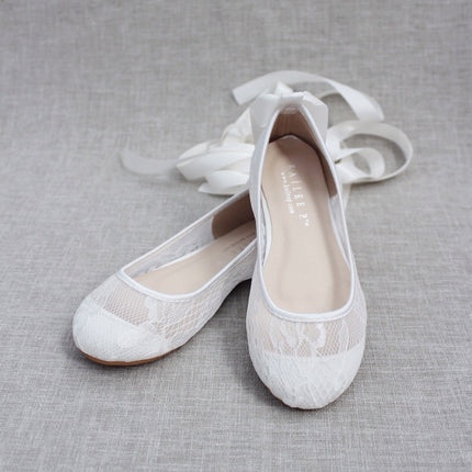White New Lace Ballerina Flats with Ballerina Lace Up