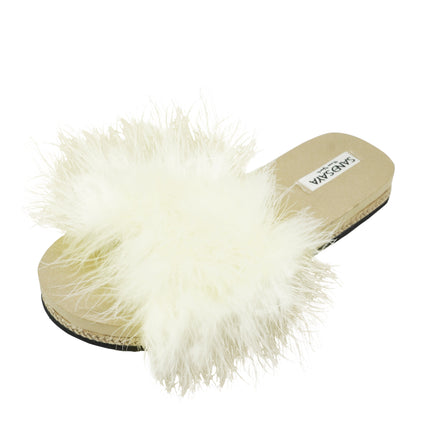 White Feather Espadrille Flat Slide Slippers for Women | Handmade Vegan Leather Sandals