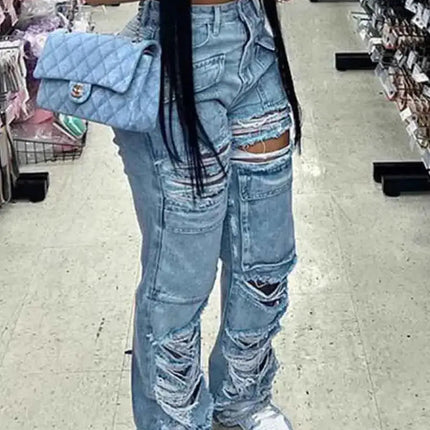 Flairé™ High Waist Ripped Jeans Women – Distressed Raw Hem Denim Pants