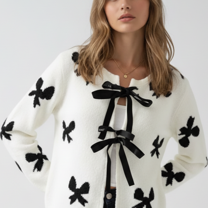 Bow Print Tie-Front Cardigan