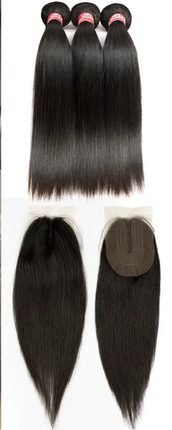 Brazilian Straight Human Hair Bundles with 2x4 Lace Closure | 3 Bundles & Closure Set