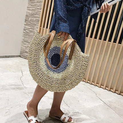 Large Capacity Round Women's Fashionable Straw Woven Shoulder Bag | Handmade Summer Beach Travel Holiday Women Tote Bags