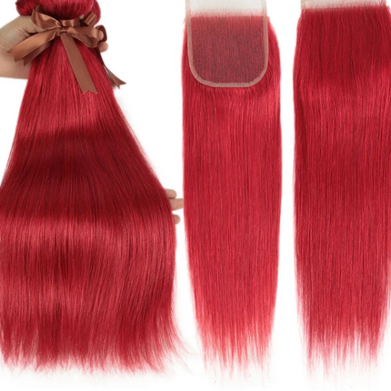 Red & Blonde Highlight Straight Bundles with Closure | 3 Pcs Brazilian Remy Human Hair Weave Extensions