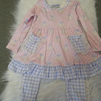 Pink and Blue plaid with Pumpkin Pants Set