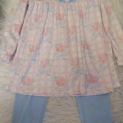 Blue and Pink Floral and Ribbon Print Pant Set