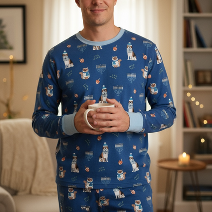 Hanukkah Pets (Men's Long Sleeve PJ) - Blue