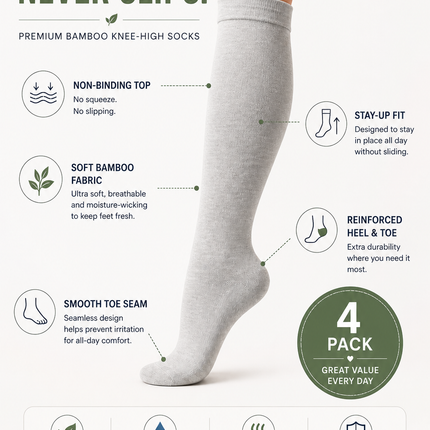 Women’s Bamboo Knee-High Socks 4-Pack – Soft & Breathable