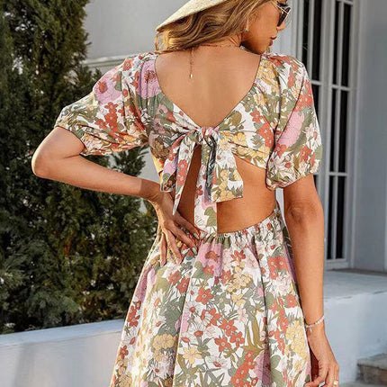 Floral Smocked Mini Dress with Front Tie