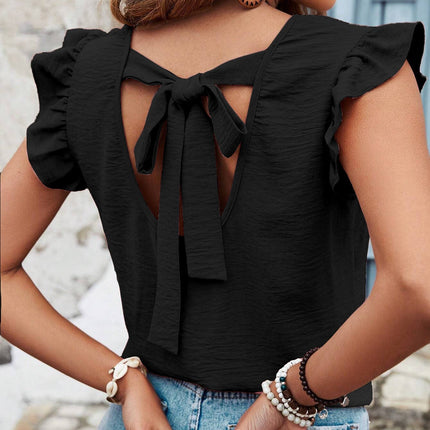 Ruffle Sleeve Blouse with Back Bow Tie