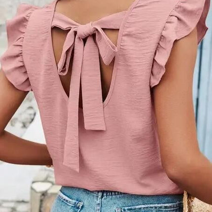 Ruffle Sleeve Blouse with Back Bow Tie
