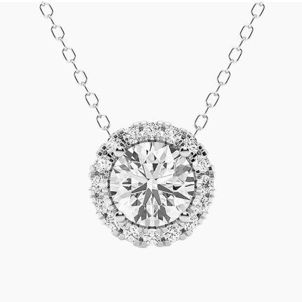 AGI Certified Lab-Grown Diamond Halo Pendant Necklace in 14kt White Gold – 1 CTW or 2 CTW