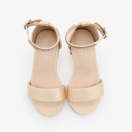 Satin Girls Block Heel Sandals with Mini Rhinestones Embellished Ankle Strap