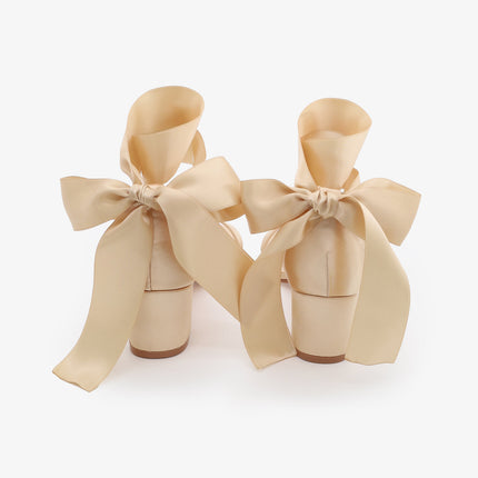 Satin Girls Block Heel Sandal with Wrapped Ribbon Tie