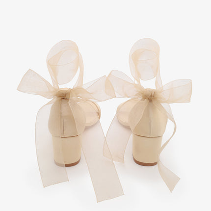 Satin Girls Block Heel Sandal with Wrapped Ribbon Tie