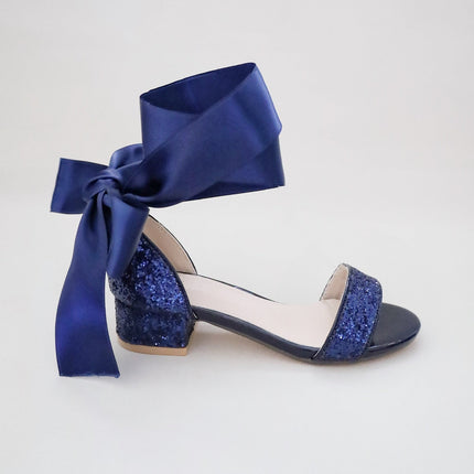 Rock Glitter Low Block Heel Girls Sandals with Wrapped Satin Tie