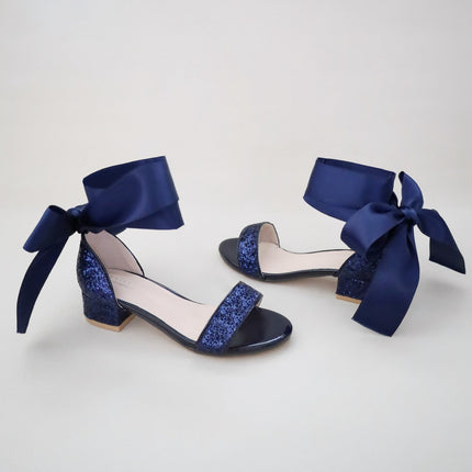 Rock Glitter Low Block Heel Girls Sandals with Wrapped Satin Tie