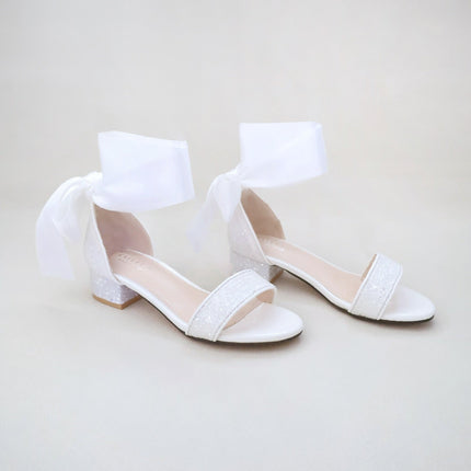 Rock Glitter Low Block Heel Girls Sandals with Wrapped Satin Tie