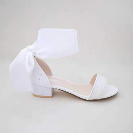 Rock Glitter Low Block Heel Girls Sandals with Wrapped Satin Tie