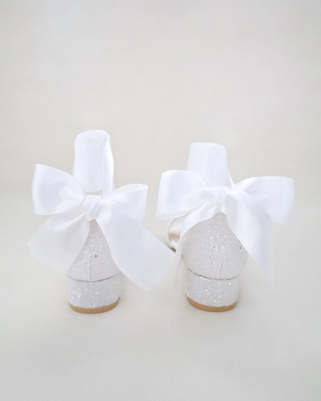 Rock Glitter Low Block Heel Girls Sandals with Wrapped Satin Tie