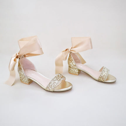 Rock Glitter Low Block Heel Girls Sandals with Wrapped Satin Tie