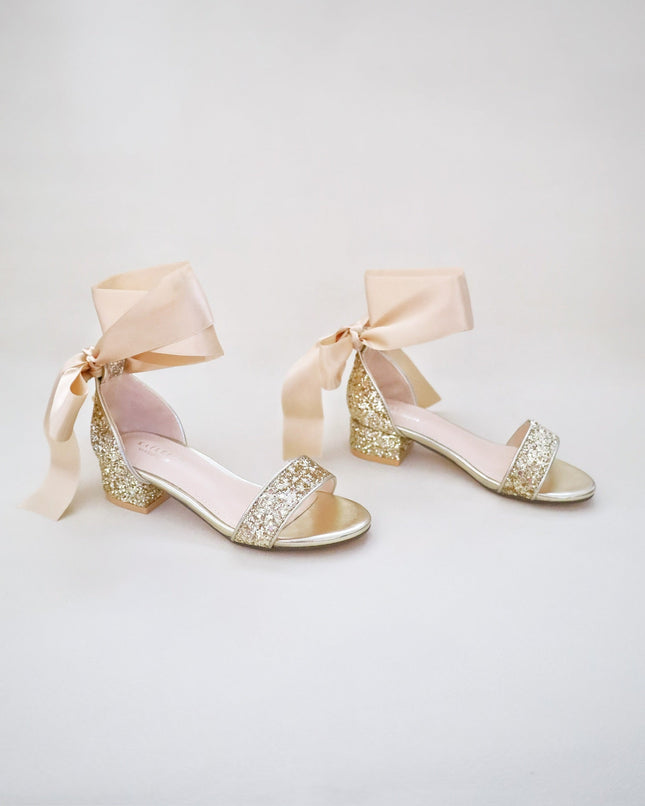 Rock Glitter Low Block Heel Girls Sandals with Wrapped Satin Tie