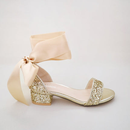 Rock Glitter Low Block Heel Girls Sandals with Wrapped Satin Tie