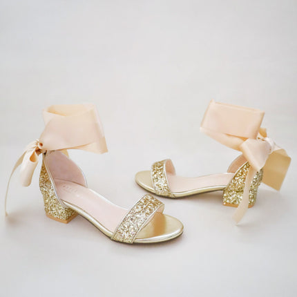Rock Glitter Low Block Heel Girls Sandals with Wrapped Satin Tie