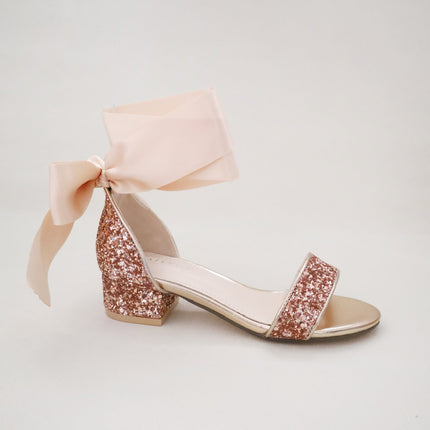 Rock Glitter Low Block Heel Girls Sandals with Wrapped Satin Tie