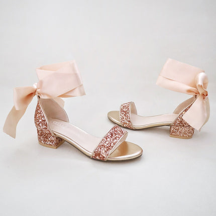 Rock Glitter Low Block Heel Girls Sandals with Wrapped Satin Tie