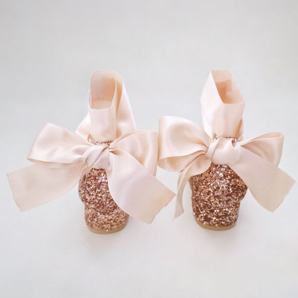 Rock Glitter Low Block Heel Girls Sandals with Wrapped Satin Tie