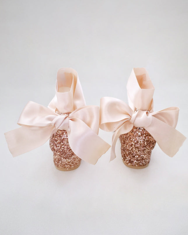 Rock Glitter Low Block Heel Girls Sandals with Wrapped Satin Tie
