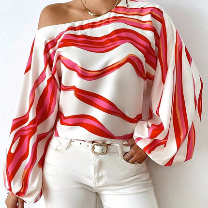 Off-Shoulder Wavy Stripe Short Sleeve Top