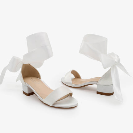Satin Girls Block Heel Sandal with Wrapped Ribbon Tie