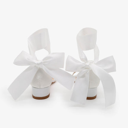 Satin Girls Block Heel Sandal with Wrapped Ribbon Tie