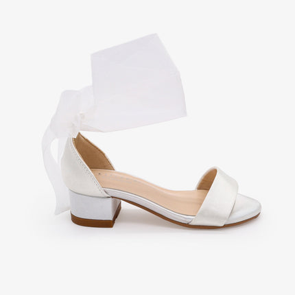 Satin Girls Block Heel Sandal with Wrapped Ribbon Tie