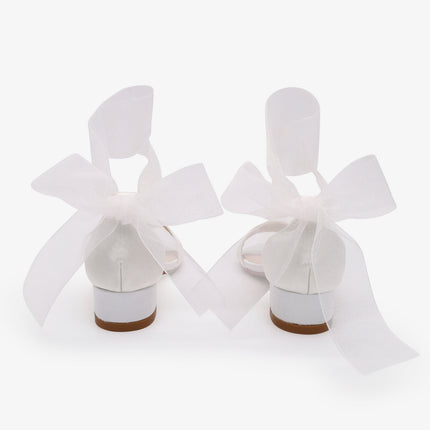 Satin Girls Block Heel Sandal with Wrapped Ribbon Tie